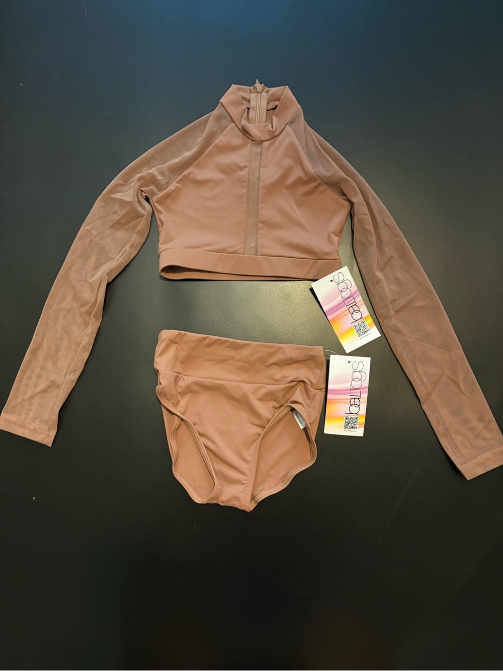 Kids Dance Two-Piece Long Sleeve Crop Top and High-Waist Briefs - Tan